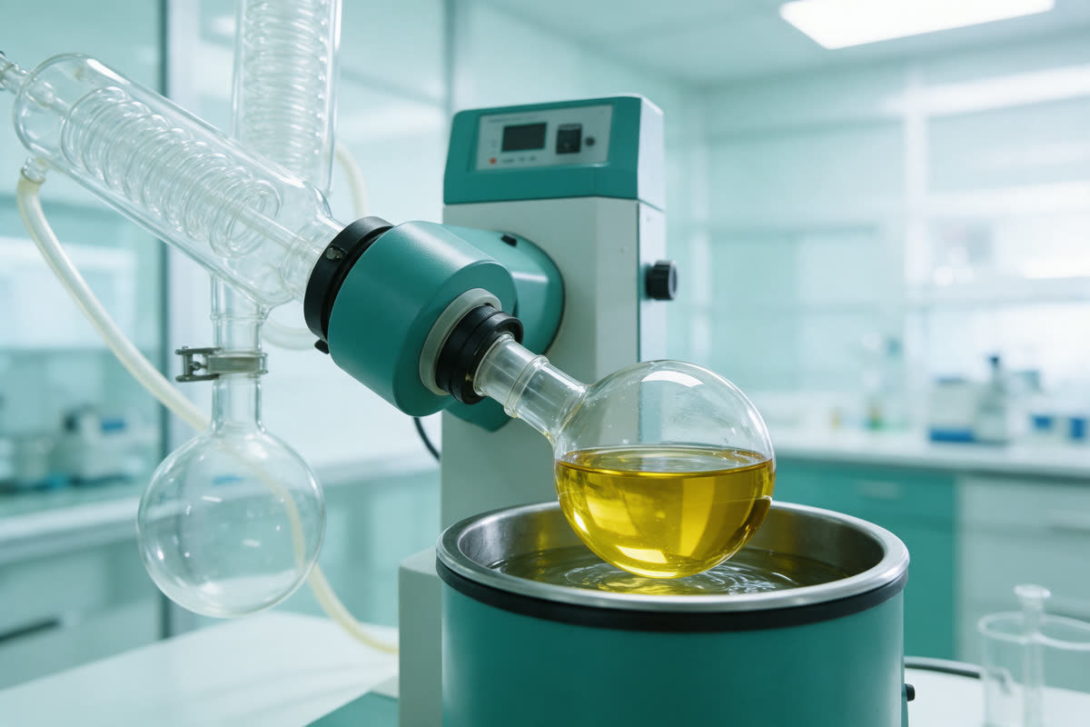 Rotary evaporator with a round flask of golden oil in a water bath
