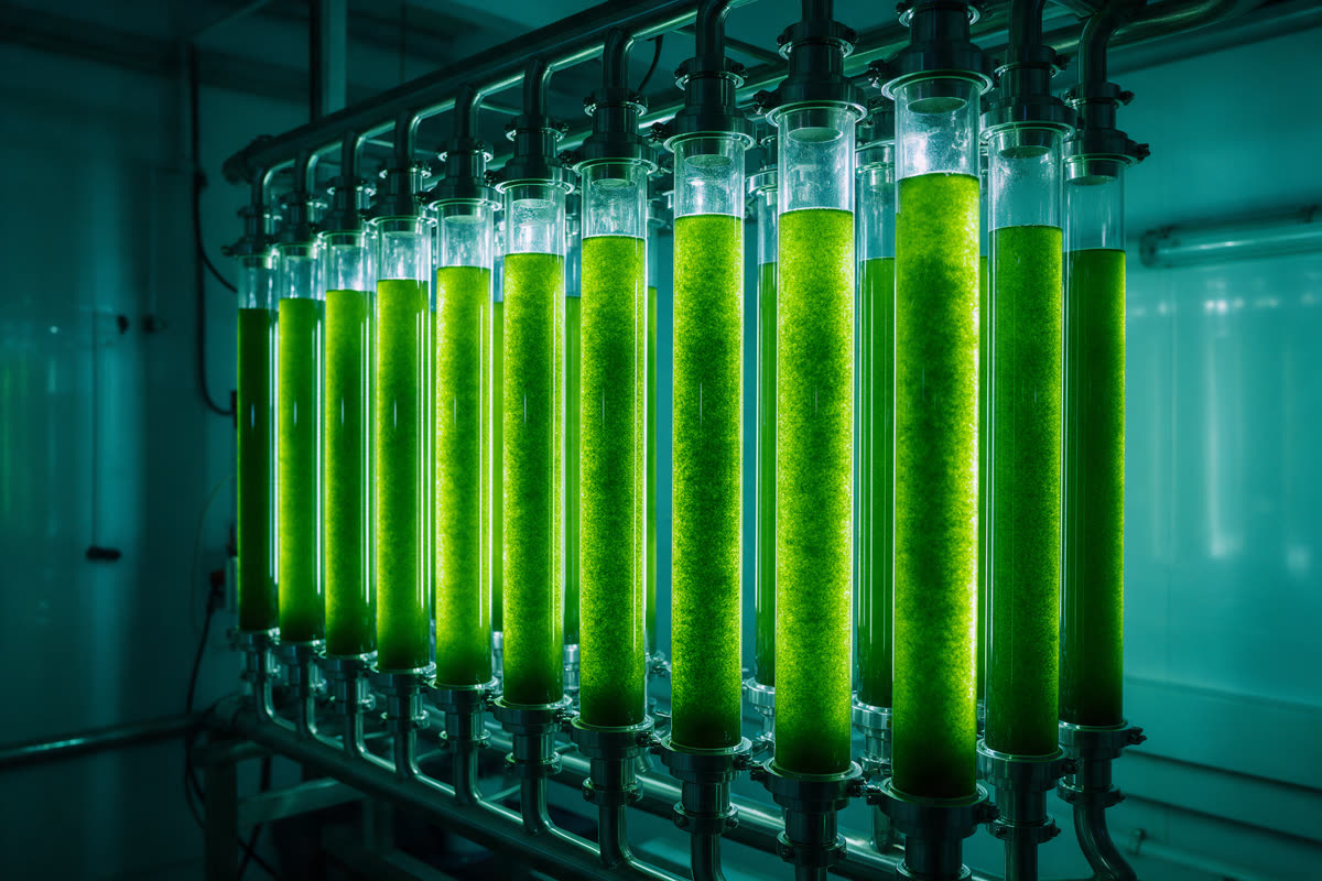 Glowing green algae photobioreactor tubes in a research facility